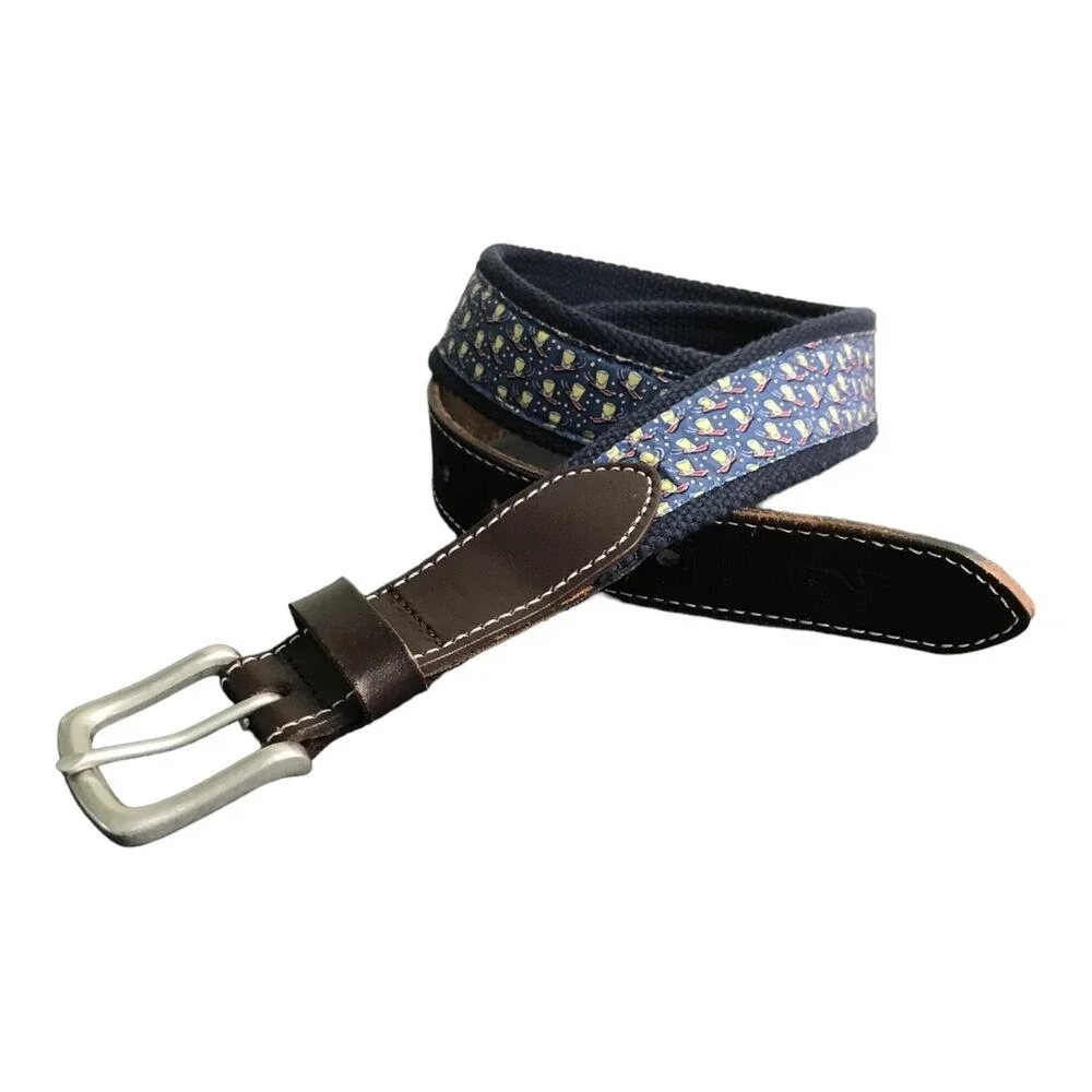 Vineyard‎ Vines Belt Mens 32 Navy Cocktail Sled Silk Canvas Club Leather Trim